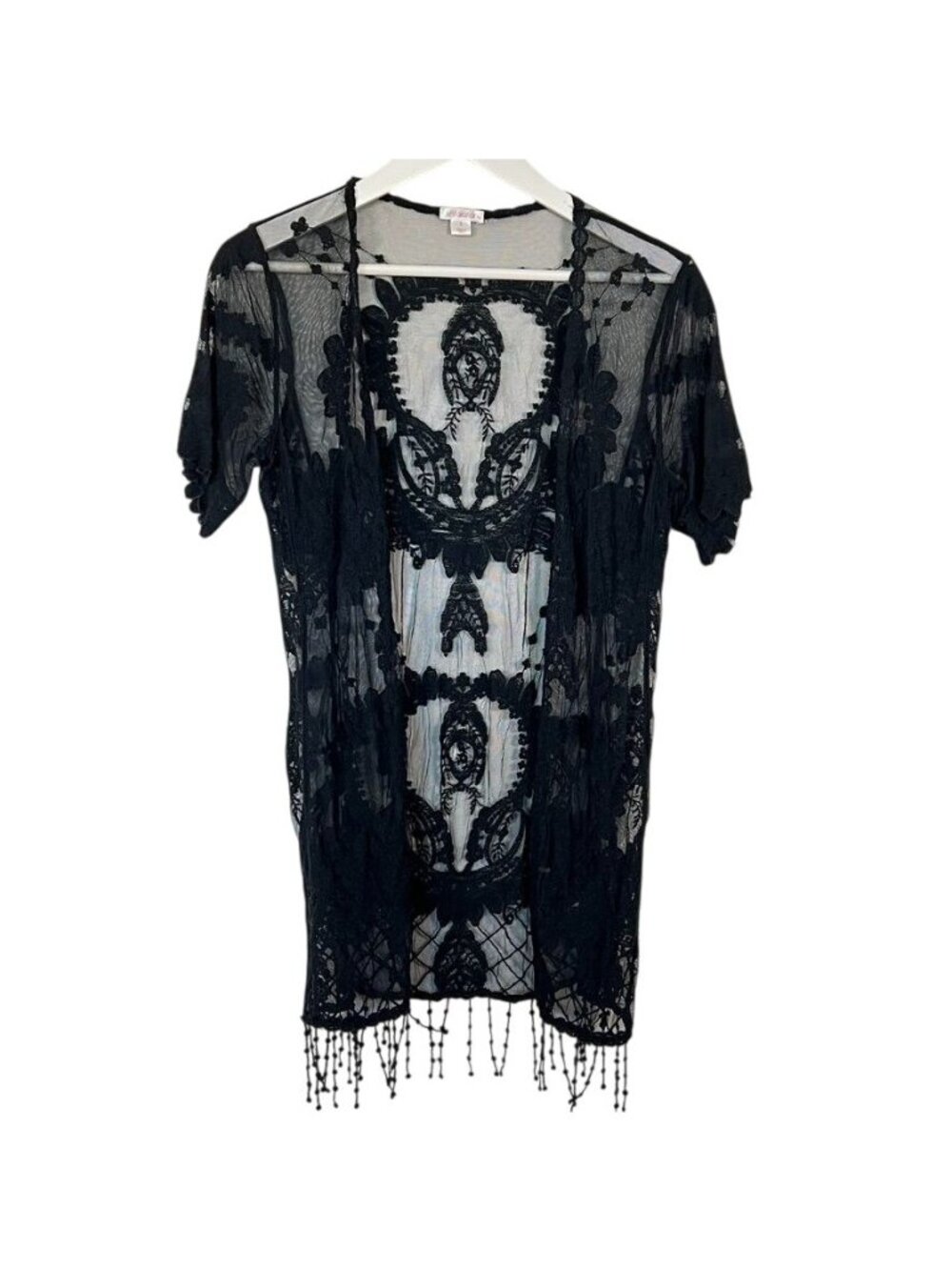 Witchy Black Mesh Lace Duster Cardigan Whimsigoth Festival Gothic Boho Fringe S - Picture 2 of 12